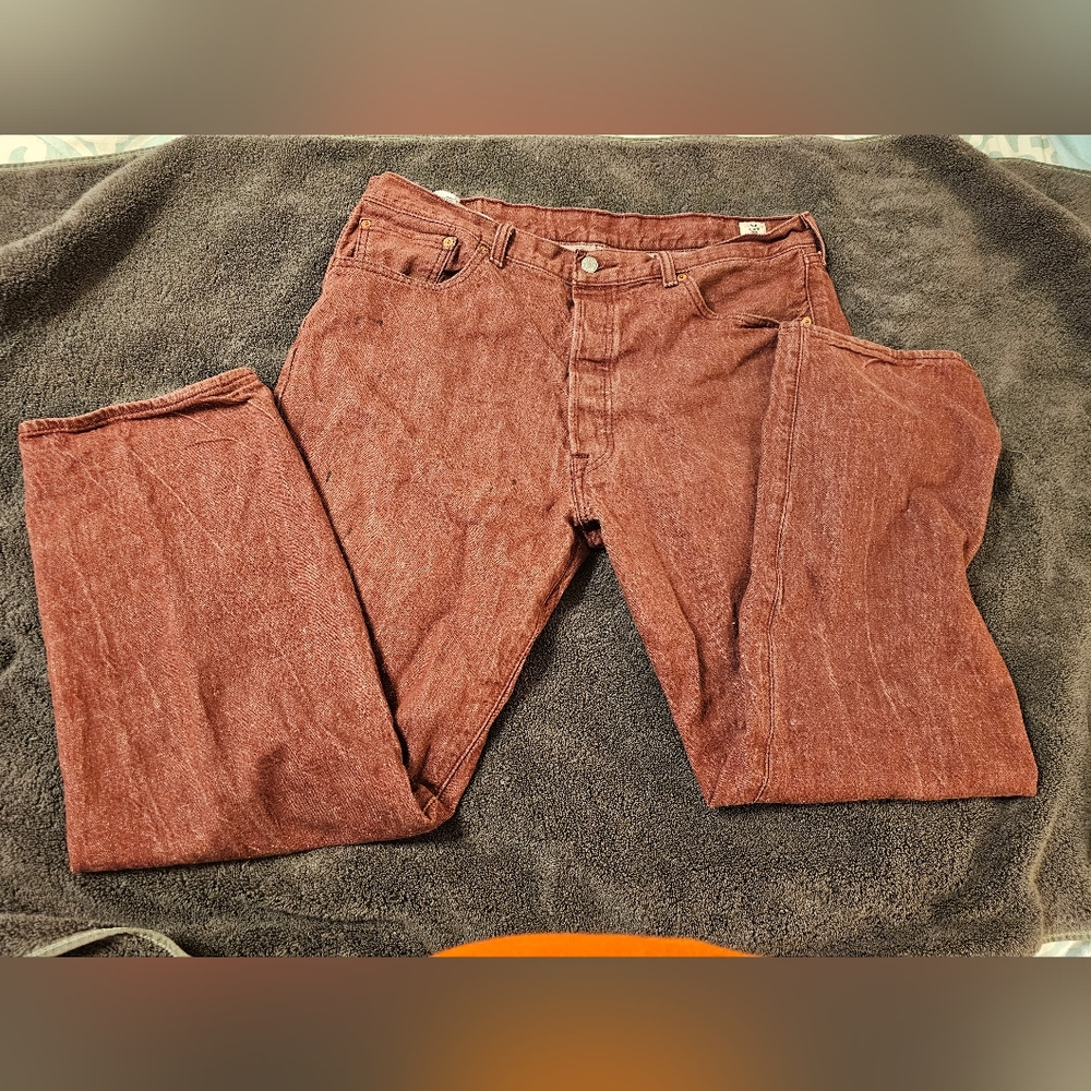 Levi's Burgandy 501 Jeans made with White Oak Cone Denim. Size: W:40 L:32